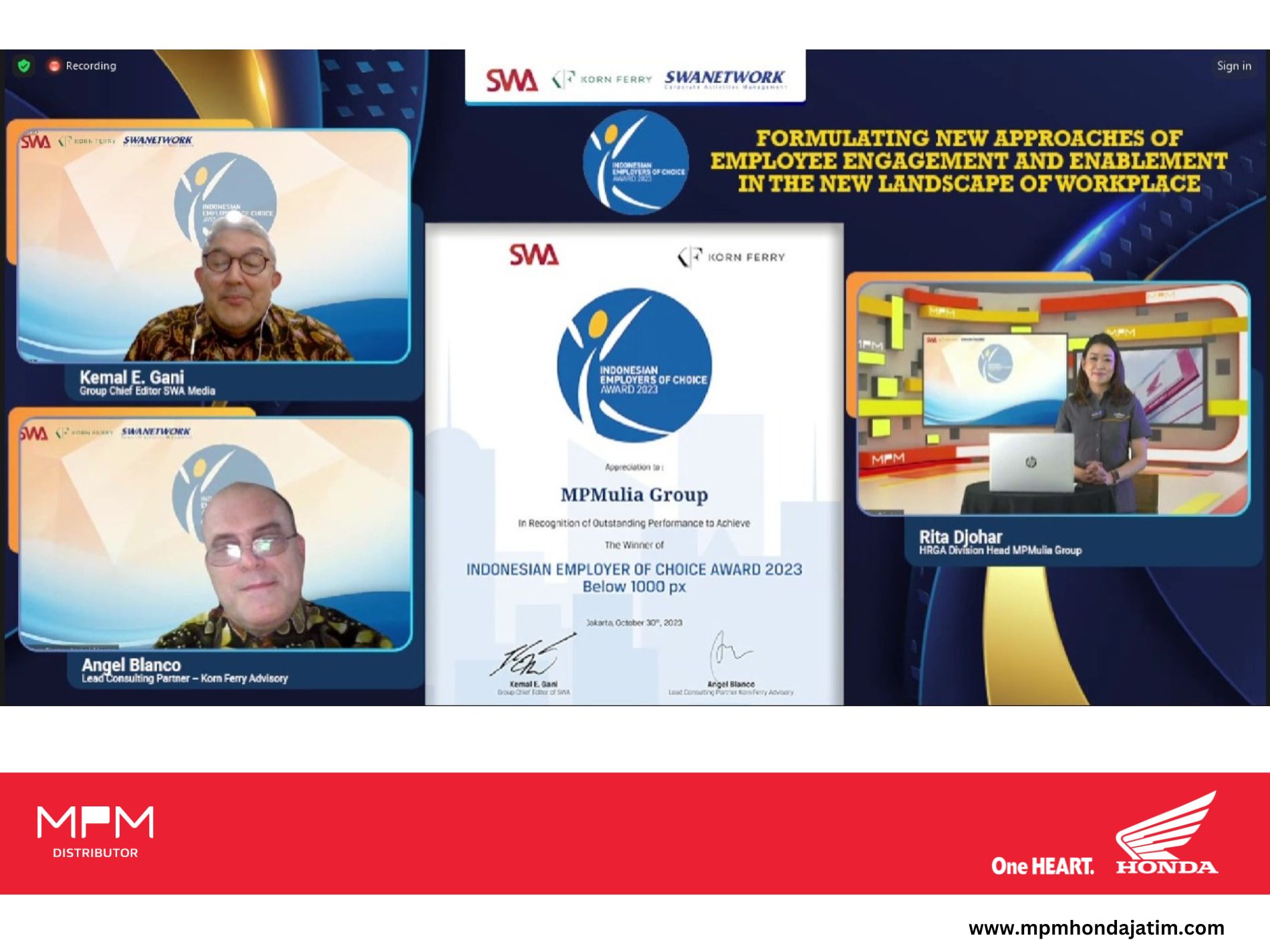 MPM Honda Jatim Terima Indonesian Employers of Choice Award 2023 yang digelar oleh SWA Magazine & Korn Ferry